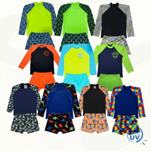Conjunto Infantil Juvenil Moda Praia Menino Camisa Manga Longa e Sunga com Proteção UV50+