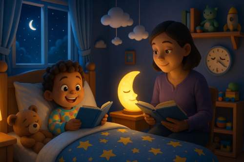 Criança feliz e descansada pronta para estudar em sua mesa, após uma noite de sono tranquila, demonstrando a importância do descanso para a produtividade infantil.