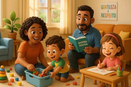 Criança feliz e responsável regando uma planta com cuidado, demonstrando os benefícios da disciplina positiva para a saúde mental infantil.