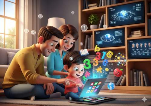 Criança feliz usando um tablet com aplicativo educativo para aprender letras e números em um ambiente doméstico bem-iluminado.