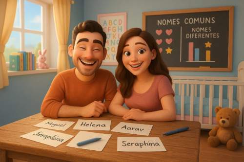 Casal de pais em dúvida entre um nome comum e um nome diferente para o bebê, olhando para um berço vazio.
