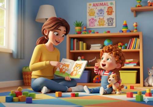 Mãe e filho pequeno rindo e conversando durante a leitura de um livro, ilustrando estratégias para melhorar a comunicação infantil.