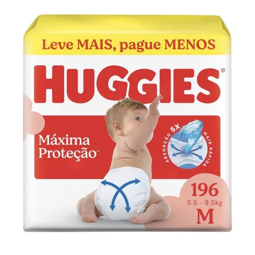 Fralda Descartável Huggies Máxima Proteção Tamanho M 196 unidades – Nova Supreme Care fralda aberta com tecnologia Xtra-Flex, canais em X que se adapt...