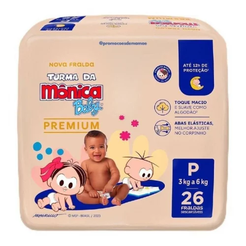 Fralda Turma da Mônica Baby Premium Jumbo P 26 Unidades