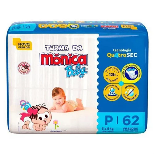 🛍️Fraldas Descartáveis Baby Qu4trosec Com 62 Unidades Tamanho P Turma Da Mônica