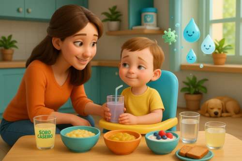 Fotografia de close-up de uma mãe administrando solução de reidratação oral para um bebê, com zinco, banana e iogurte ao lado, guia para tratar diarreia infantil.