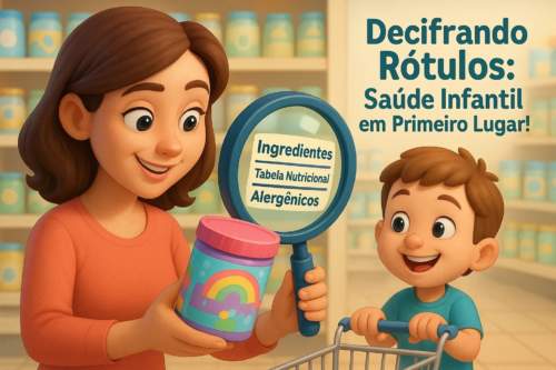 Close-up de uma mãe lendo atentamente o rótulo de um suplemento infantil com uma lupa, guia para não ser enganada pela indústria.