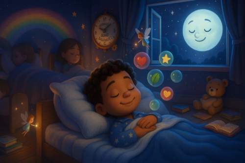 Criança dormindo tranquilamente em seu quarto, ilustrando a importância da higiene do sono para a saúde mental infantil.