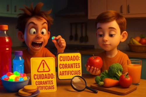 Close-up fotográfico de uma criança com postura abatida em frente a um prato de comida industrializada colorida, ilustrando o impacto negativo de aditivos alimentares no comportamento infantil.