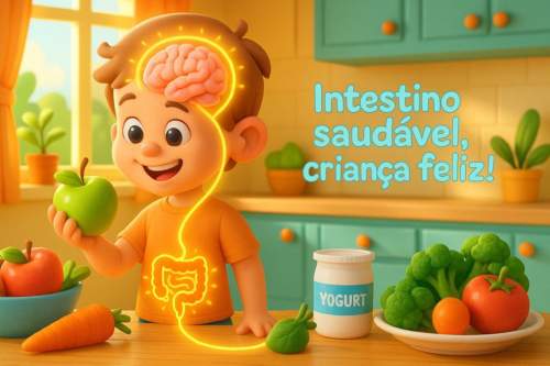 Criança feliz e sorridente com diagrama científico sutil do eixo intestino-cérebro ao fundo, representando a ligação entre saúde intestinal e bom humor.