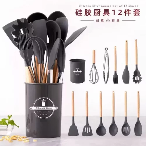 > Jogo de Cozinha Kit C/12 Pçs de Silicone Utensílios e Copo Suporte para Cozinha Cabo de Madeira