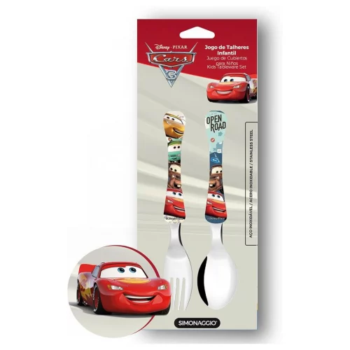 Jogo de Talheres Infantil Disney Kids Carros - Kit de Talheres de Aço Inox Com Cabo Plástico Para Bebês - Multicor - 2 Peças