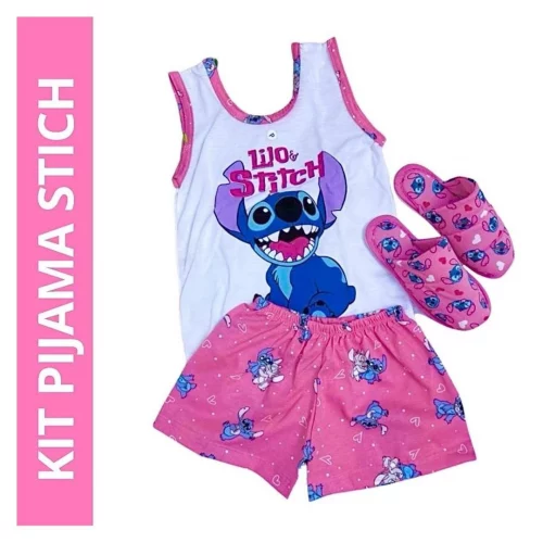 kit 1 short doll regata infantil + 1 pantufa verão personagens blogueira stich