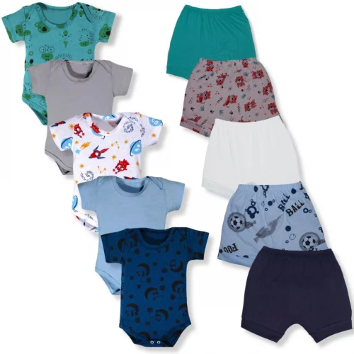 🛍️Kit 10 Pçs Body E Shorts Bebe Estampado Malha 100% Algodão Menino Ou Menina