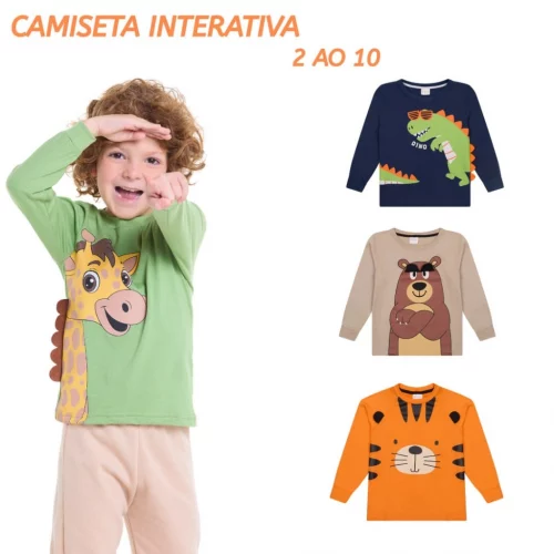 > Kit 2 Camisetas em Meia Malha Premium Manga Longa Estampada com Interativo 2 ao 10- 100% Algodão