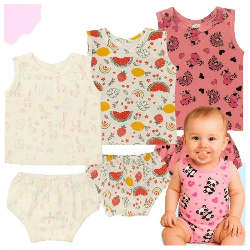 - Kit 3 Conjuntos Verão Bebê Menina Regata e Tapa Fralda Estampado 100% Algodão Roupinha Infantil 0 a 12 Meses