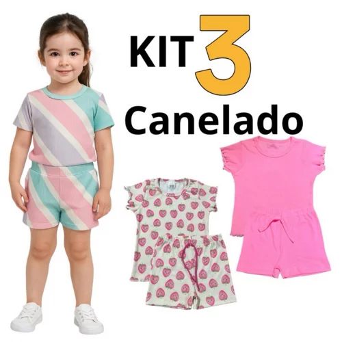Kit 3 Conjuntos Verão Em Ribana Canelada Infantil Menina 2 a 8 Anos
