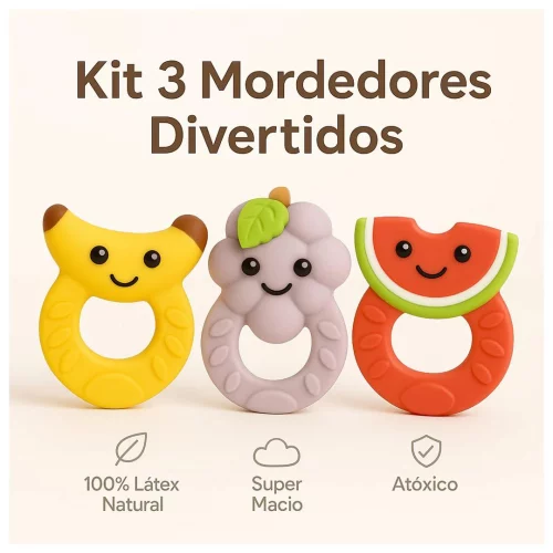 Kit 3 Mordedor Bebê 100% Natural Super Macio Alívio Gengiva