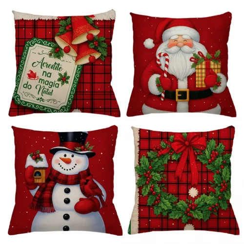 > KIT 4 CAPAS DE ALMOFADAS DECORATIVAS NATAL PAPAI NOEL BONECO DE NEVE FELIZ NATAL  RENA - TAMANHO 45X45