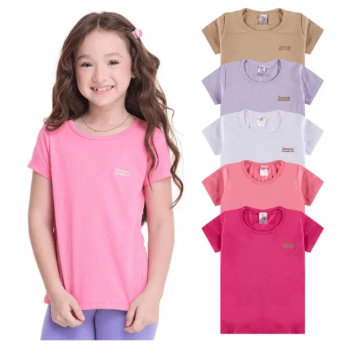 Kit 5 Blusa Manga Curta Infantil Menina 100% Algodão Lisa Basica Tamanho 2