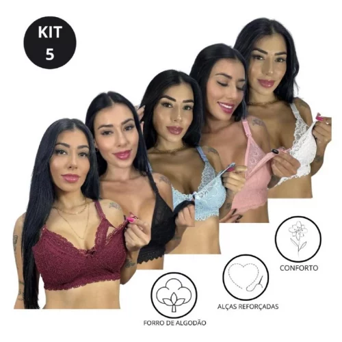 KIT C/ 5 Sutiã de Amamentação Reforçado em Renda com Regulagem Gestação Pós Parto