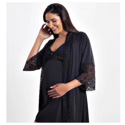 Kit Camisola Amamentação Com Click Frontal e Robe Luxo Maternidade
