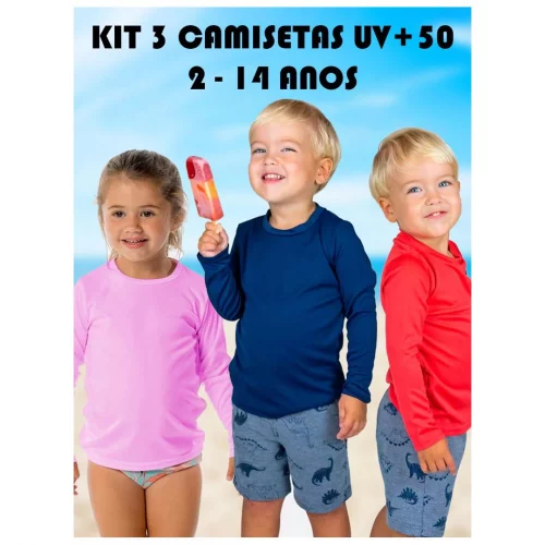 Kit com 3 Camiseta Proteção UV+50 Infantil Meninos e Meninas Cores Lindas