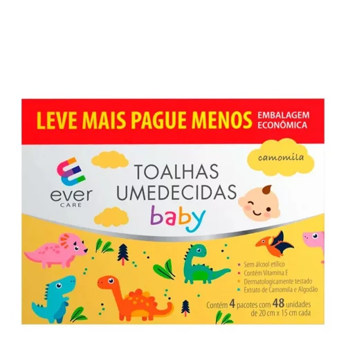 Kit Lenço Umedecido Ever Care Baby  Camomila - 4 pacotes com 48 Unidades