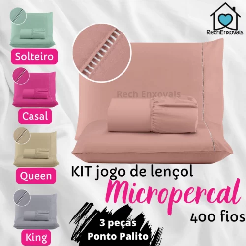 *Kit Lençol Cama Casal Queen 400 fios Micropercal 03 Peças Ponto Palito*