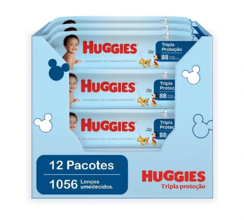 Kit Lenços Umedecidos Huggies Tripla Proteção - 1056 Unidades (12 pacotes com 88 un cada)