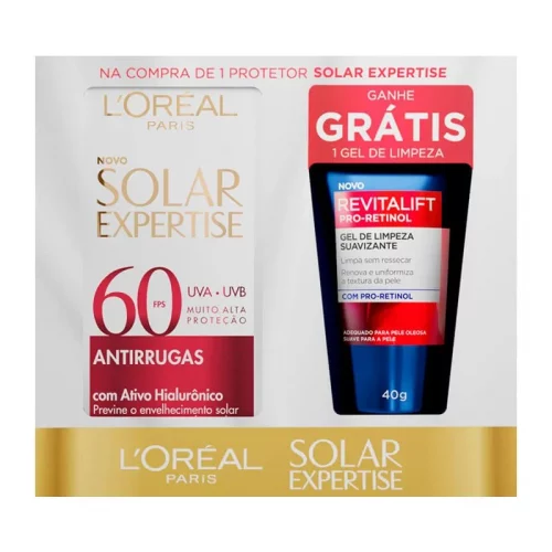 ✨ Kit Loreal Protetor Solar Facial Expertise Antirrugas Fps60 40g Grátis Gel De Limpeza Revitalift Suavizante 40g