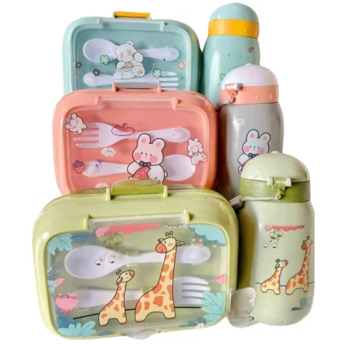 Kit Marmita Infantil Com divisória e Garrafinha Para Lanche Com Talheres Escolar Creche