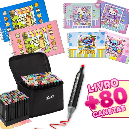 *Kit para Colorir CADERNO + CANETAS Premium Caderno com 50 Folhas com Desenhos para Ilustrar*