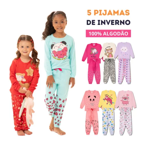 Kit Sortido 10 Peças Pijama Infantil Menina Manga Longa (5 Camisetas + 5 Calças) Tamanho 1
