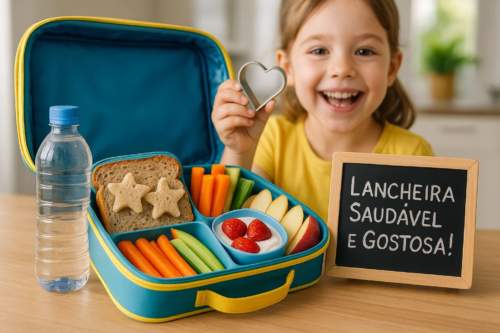 Close-up de uma lancheira escolar aberta e organizada com alimentos nutritivos: sanduíche integral, frutas frescas e biscoitos integrais, mostrando um exemplo prático de planejamento.