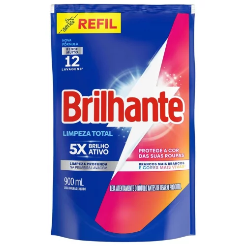 Lava Roupas Líquido Brilhante Limpeza Total 900 ml Refil