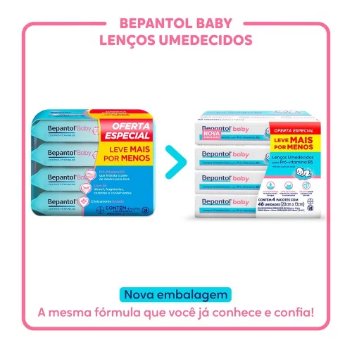 Lenço Umedecido Bepantol Baby - 4 pacotes com 48 unidades cada