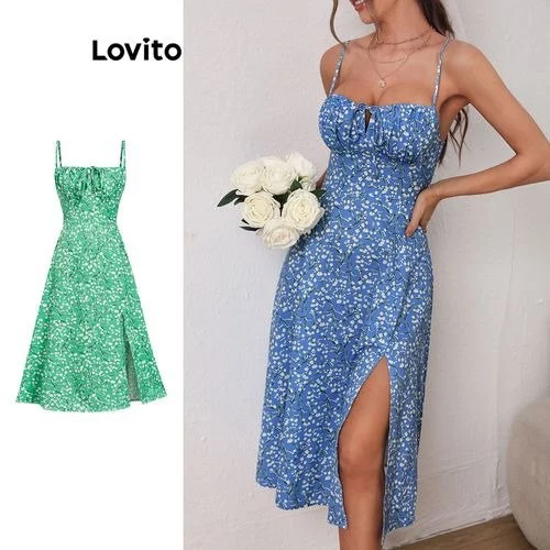 🧡 Lovito Vestido Boho Com Fenda Floral E Amarração Frontal, Vestido De Verão/primavera Feminino Lne31004 (azul)