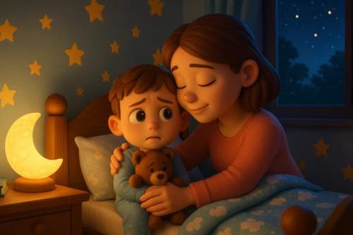 Mãe acalmando seu filho pequeno na cama após um terror noturno, criando uma atmosfera segura e reconfortante.