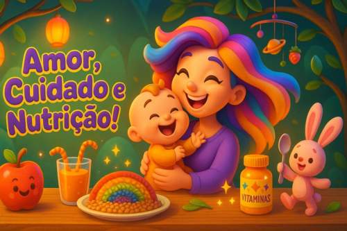 Mãe com expressão de dúvida segura bebê com cólica, com suplementos e comida saudável ao fundo, representando a influência da dieta na amamentação.
