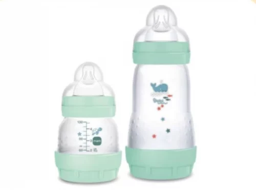 MAM Baby Kit 2 Mamadeiras Easy Start Starter Set Anticólica e Menos Bolhas de Ar, para Crianças 0+ Meses Autoesterilizável e com Bico de Silicone Skin...