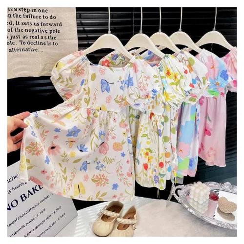 Meninas algodão vestido de seda verão manga curta Floral A linha saia menina bebê médio pequeno crianças moda impresso v