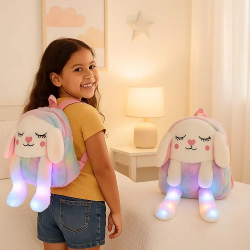 Mochila Infantil Coelha Peluciada LED com Orelhas que Mexem