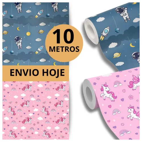 Papel de Parede Infantil Quarto Menino Menina Criança Unicórnio Nuvens Astronauta Céu Adesivo 5 ou 10 Metros