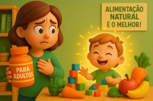 Mão de adulto segurando um comprimido grande enquanto uma mão de criança tenta pegá-lo, ilustrando o perigo de dar suplemento de adulto para criança.