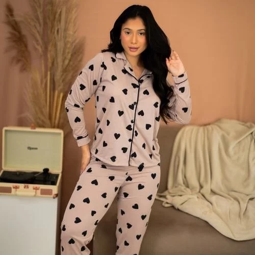 🧡 Pijama Feminino Americano Comprido Inverno Com Botões Calça e Blusa Malha