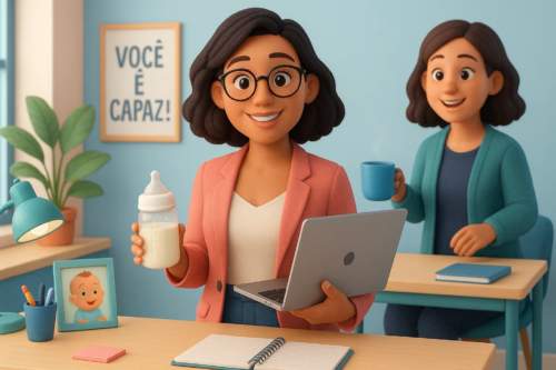 Mãos femininas organizando um planejamento em um caderno para a volta ao trabalho após a licença-maternidade, com laptop e café ao fundo.
