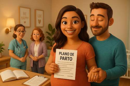 Mãos segurando documento de plano de parto personalizado, representando autonomia e respeito na experiência do nascimento