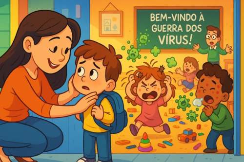 Mãe preparando o filho para a escola com frutas e suco natural, elementos chave para fortalecer a imunidade infantil.