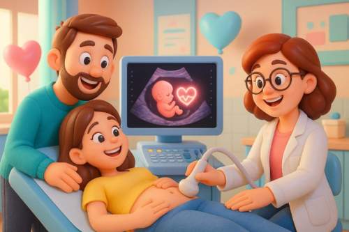 Casal emocionado olhando para o monitor durante a primeira ultrassonografia da gravidez, mostrando o contorno do bebê.